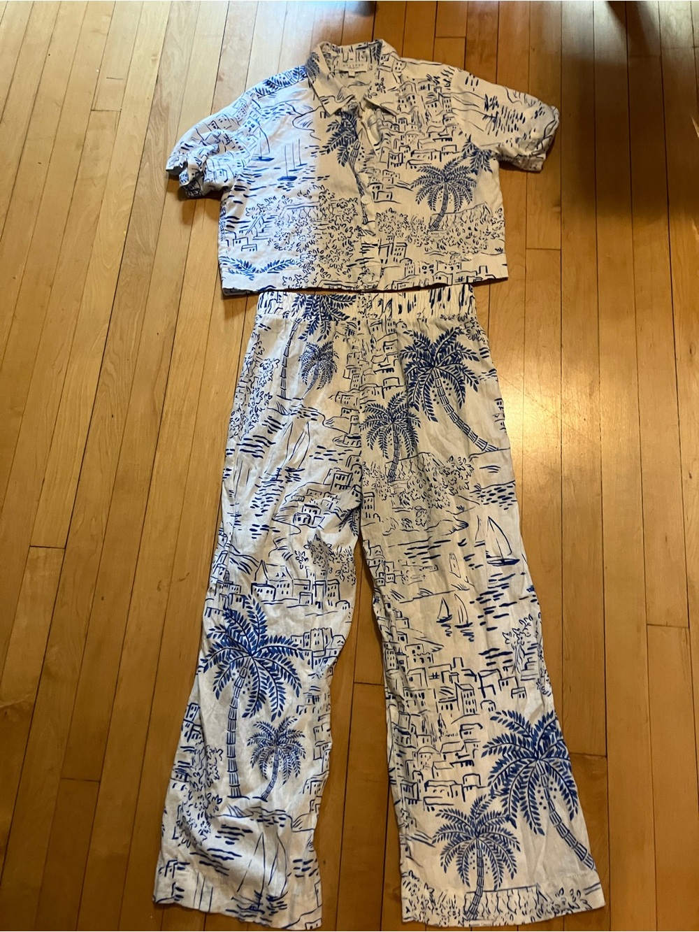 Calypso St. Barth Linen White-Blue Button Down Wide Leg Pants Matching Set Small